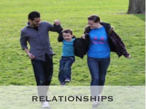 Photo of two parents walking through a park swinging their son between them. Father is on the left, child is suspended in mid air and mother is on the right. Overlying text reads: Relationships.