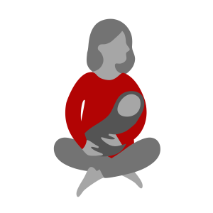 Graphic illustration of a mother sitting cross-legged holding her infant child swaddled in a blanket. 