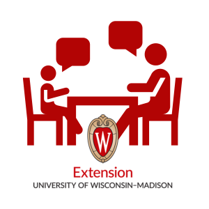 Graphic illustration of a parent sitting across the table from a child. Both parent and child have word or thought bubbles, indicating that they are having a conversation. Extension University of Wisconsin-Madison logo is beneath this graphic.