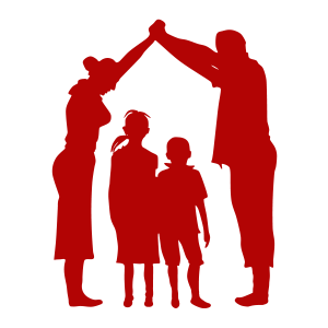 Illustrated graphic of mother and father standing facing each other reaching their arms up to form a roof over their two children underneath.