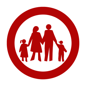 Graphic Illustration of silhouettes of a family from left to right: daughter, mother, father, son. The family is encapsulated by a think circular line. 