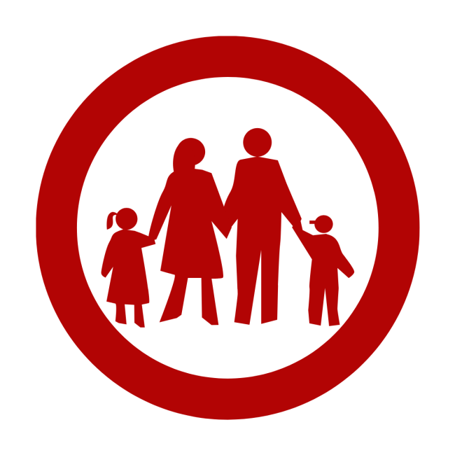 website graphic with red circle and cartoon family inside