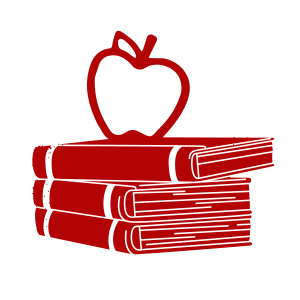 Graphic illustration of three books with an apple sitting on top of the stack of books.