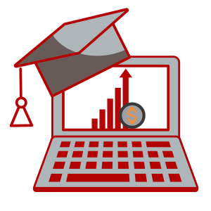 Graphic illustration of a computer wearing a graduation cap. The screen of the computer has a chart moving upward to show growth with a dollar sign.