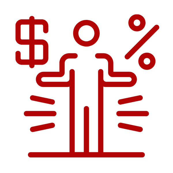 graphic illustration of cartoon person holdout hands with money symbol on one hand and percent sign on other hand