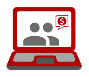 Graphic illustration of a laptop computer with two human figures on the screen and a speaking bubble with a dollar sign to imply they are having an online conversation about money or finances.
