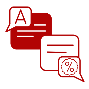 Graphic illustration of two speech bubbles. One speech bubble has the letter A and the other speech bubble has a percentage sign. The graphic symbolizes a financial conversation. 