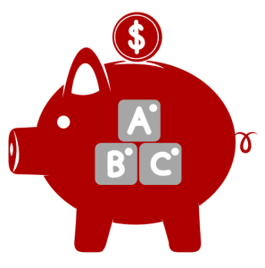 Graphic illustration of a piggy bank with a coin going into the slot on top. The piggy bank has three pyramid stacked ABC building blocks painted on the outside of it. 