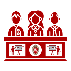 Graphic illustration of a committee sitting at a large desk. The desk has the University of Madison logo on it. People seated from left: man, woman, man. 