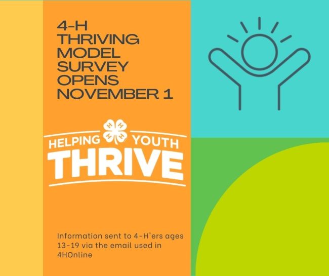 4-H Thriving Model Survey opens November 1; helping youth thrive; information sent to 4-H'ers ages 13-19 via the email used in 4HOnline