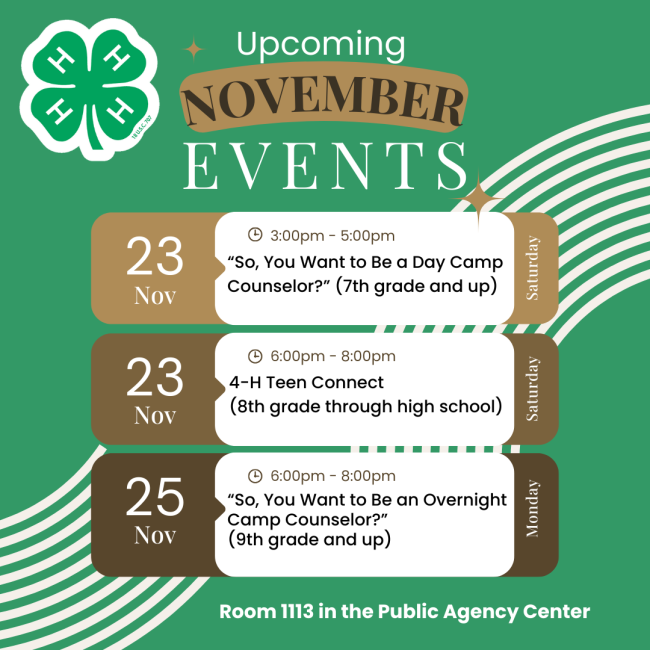 List of November events with green background and 4-H logo