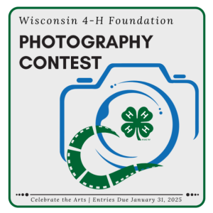 "Wisconsin 4-H Foundation Photography Contest" outline of camera with 4-h clover logo inside