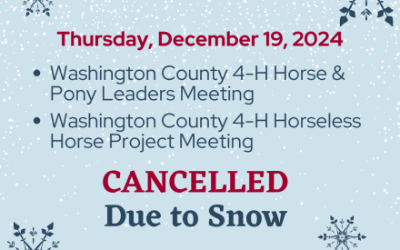 Thursday, Dec 19, 2024 Washington County 4-H Horse & Pony meetings cancelled due to snow