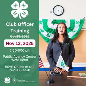 4-H Club Officer training rescheduled to November 13