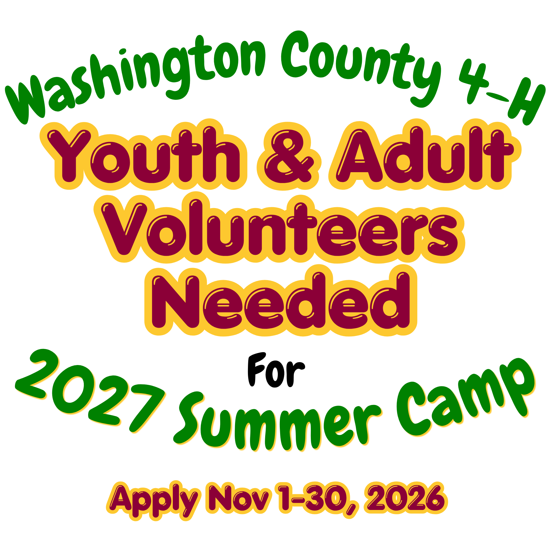 Washington County 4-H Youth & Adult volunteers needed for 2027 summer camp apply nov 1-3, 2026